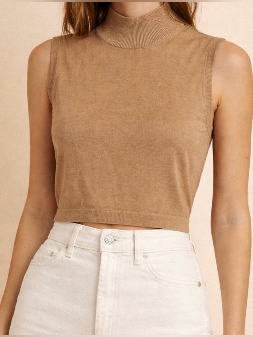 Orvis Vintage 100% Silk Tan Beige Sleeveless Cropped Turtleneck Top Size L/XL